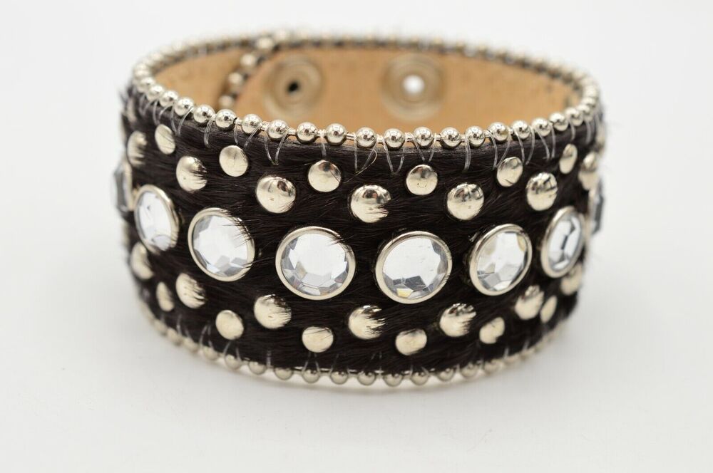 La Pargay Pony Hair Dark Cuff Bracelet Rhinestone Crystal Studded Thick BinO